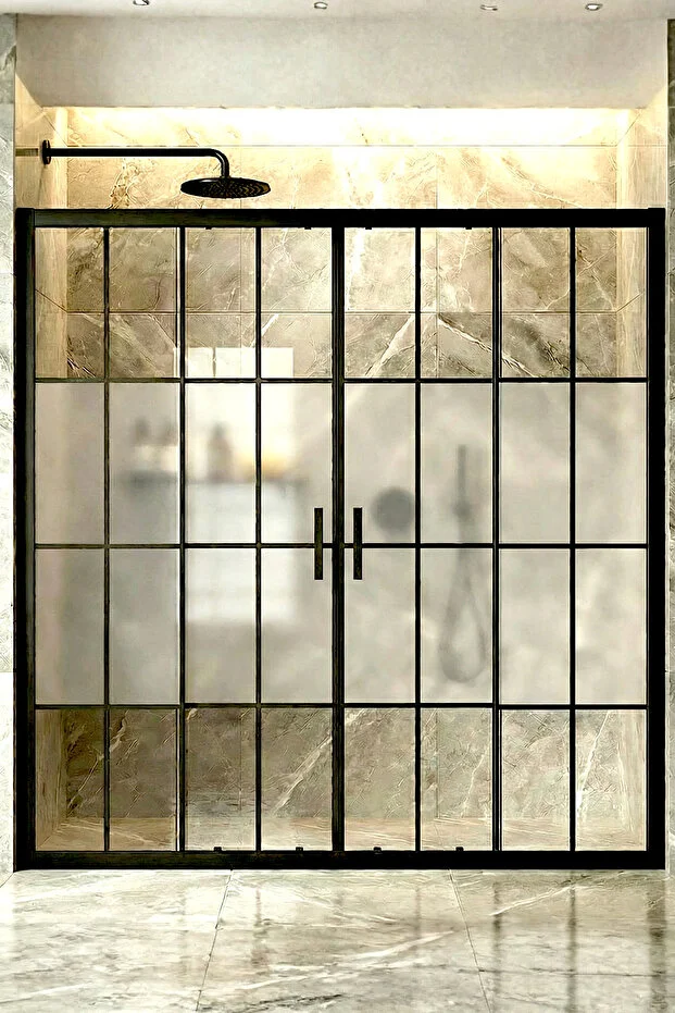 Duşakabin Ön Cephe 5mm Siyah Çizgi Ortası Buzlu Yükseklik 190cm